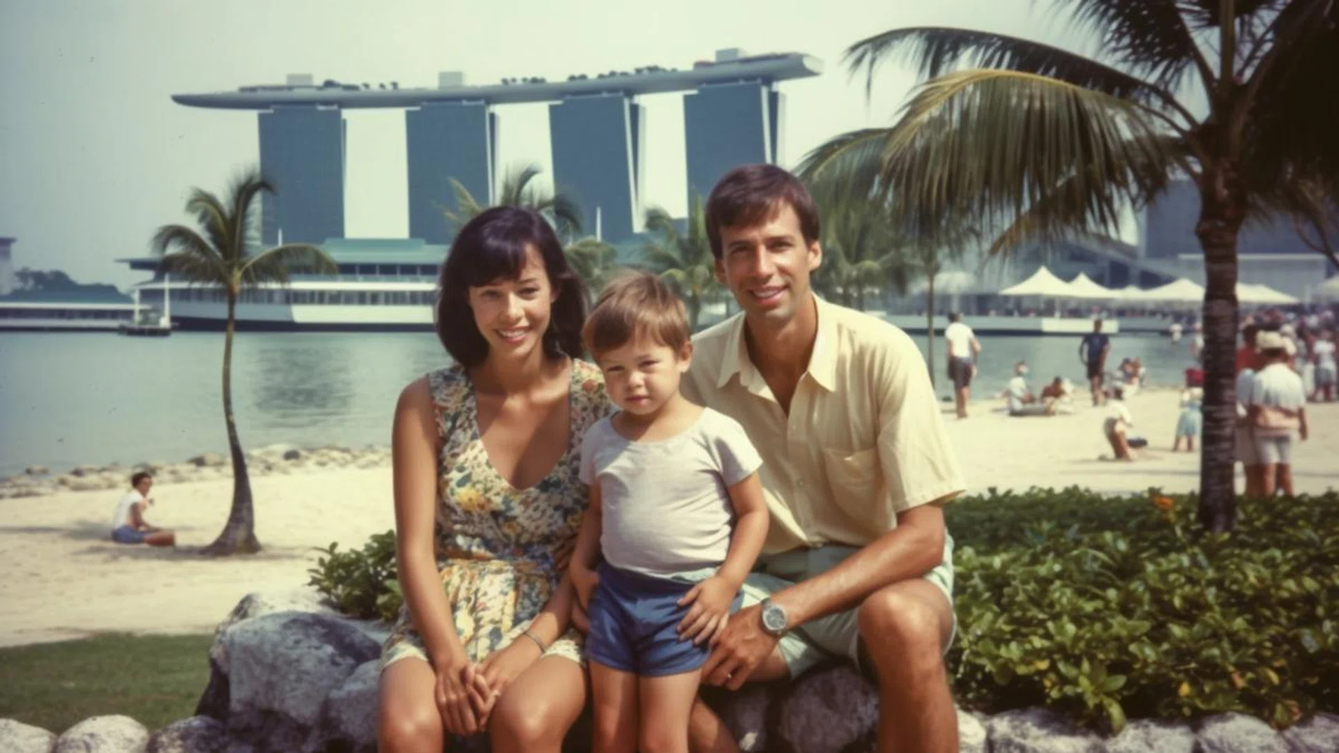 An AI-generated piece by architecture-trained artist Akai Chew, this work plays on vintage holiday photographs with a fictional Marina Bay Sands in the background (the real complex opened in 2010). Credit: Courtesy of Akai Chew