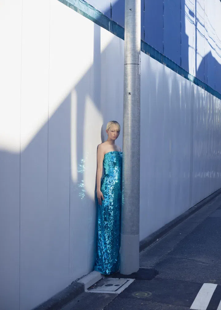 Japanese photographer Osamu Yokonami model wearing blue balenciaga dress