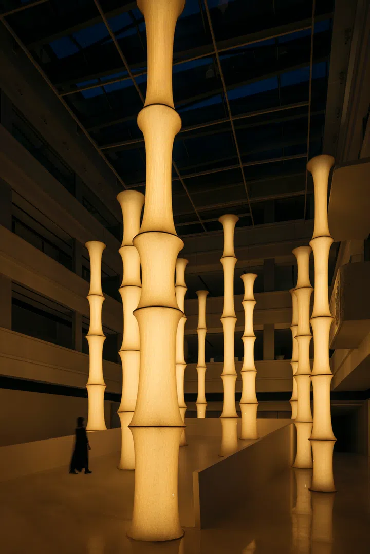 Illuminated Aesop installation at the 2024 Singapore Night Festival, highlighting fragrance and design in an immersive forest-inspired space.