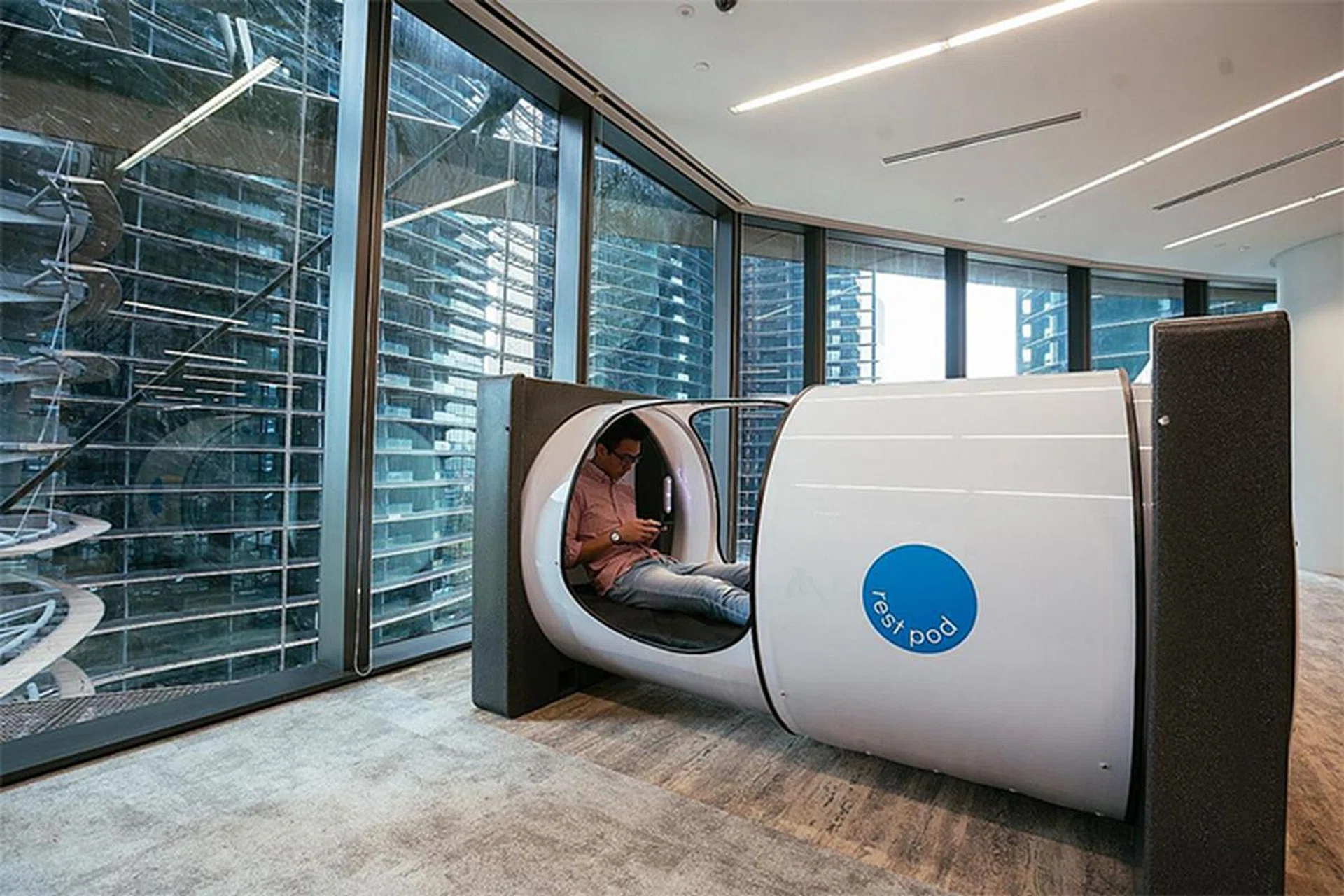 Rest pods that resemble magnetic resonance imaging machines for staff to take 40 winks. Photos: Gavin Foo, Prudential Singapore