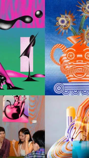 Collage of artworks by Singaporean artist Jaeyyelle, Malaysian artists Shu and Money Wang, and Thai artist Nina Sach displayed at gelato brand Sweet Cheeks Lavender outlet, supported by art company Gofy