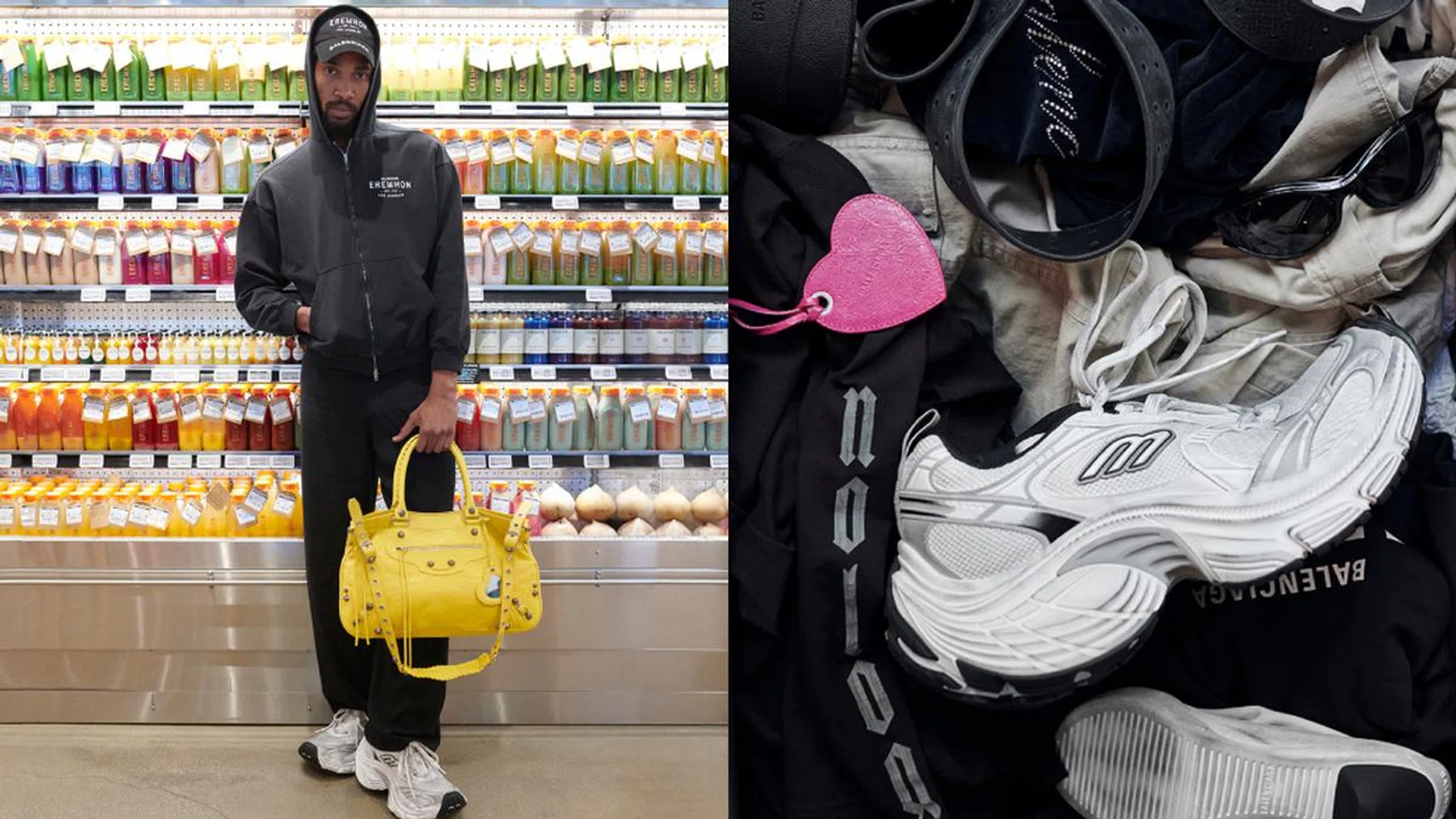 Balenciaga’s Fall 2024 collection features standout pieces like the Erewhon-branded collaboration and the striking 10XL oversized sneakers. Credit: Balenciaga 