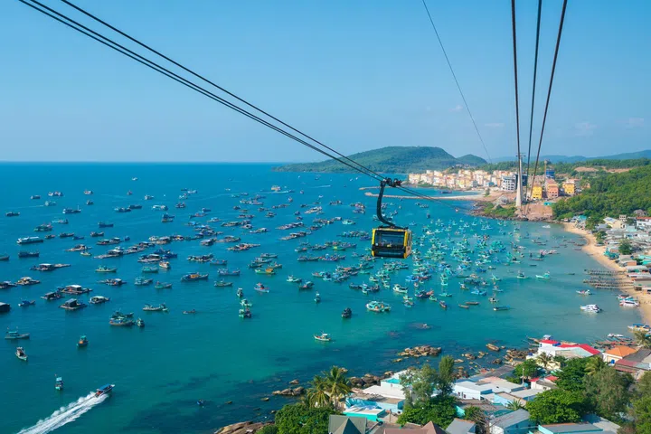 Wide shot of Cable car ropeway to Hon Thom - Phu Quoc island, Vietnam