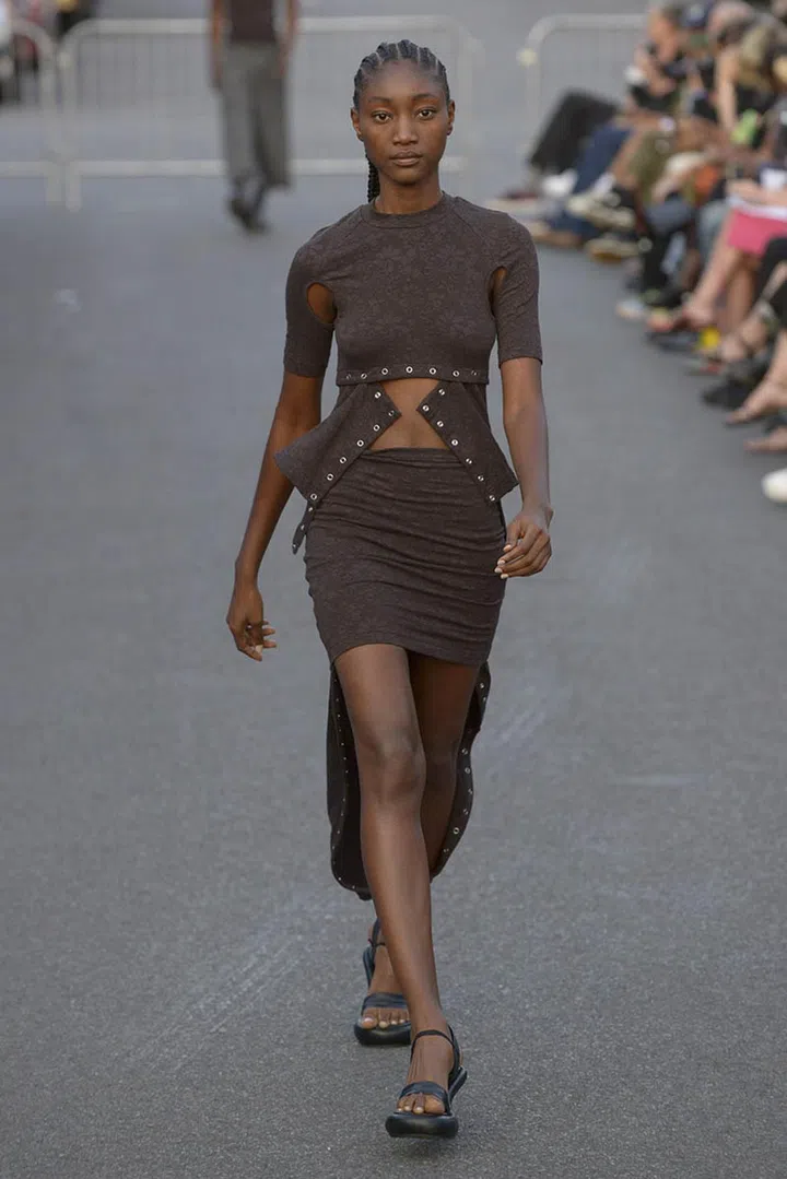 A model walking on runway wearing Eckhaus Latta Spring Summer 2022 Men and Women ready to wear Fashion Show on September 2021 in New York, USA