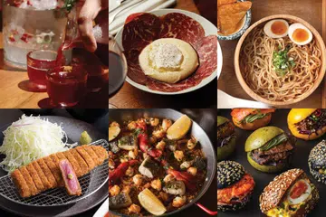 Composite of signature dishes from Spicy Noodle, Movida Spanish restaurant, Alice Boulangerie and Gyukatsu Kyoto Katsugyu at Raffles City 