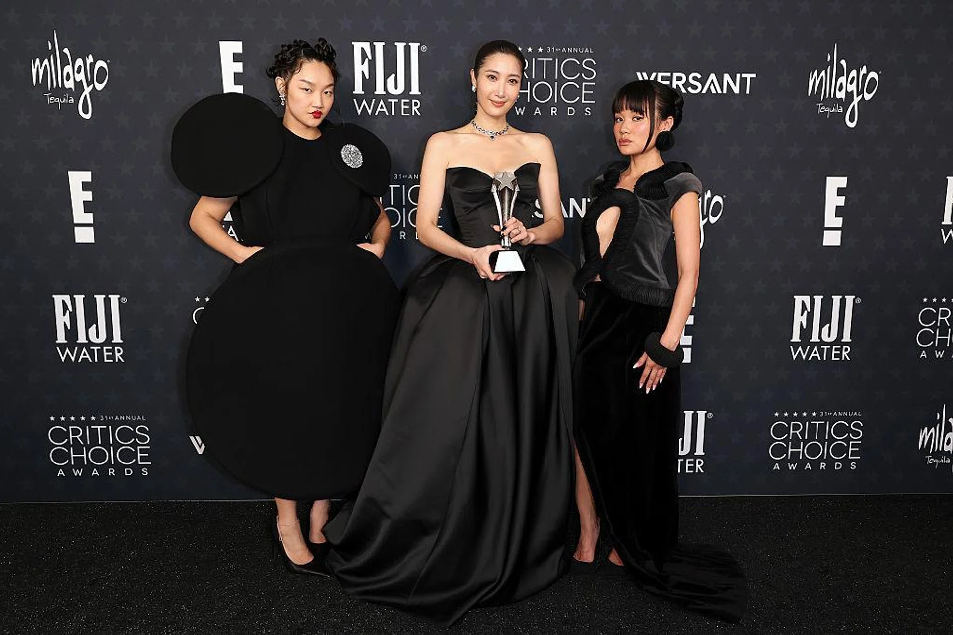 Audrey Nuna, EJAE, and Rei Ami, winners of the Best Animated Feature Award for “KPop Demon Hunters,” pose in the press room during the 31st Annual Critics Choice Awards at Barker Hangar on January 04, 2026 in Santa Monica, California.