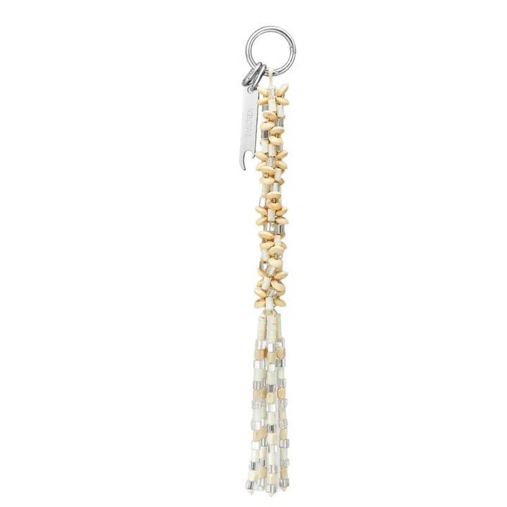 Wood, glass, shell beads charm with bottle opener, $95, www.tanchenstudio.com