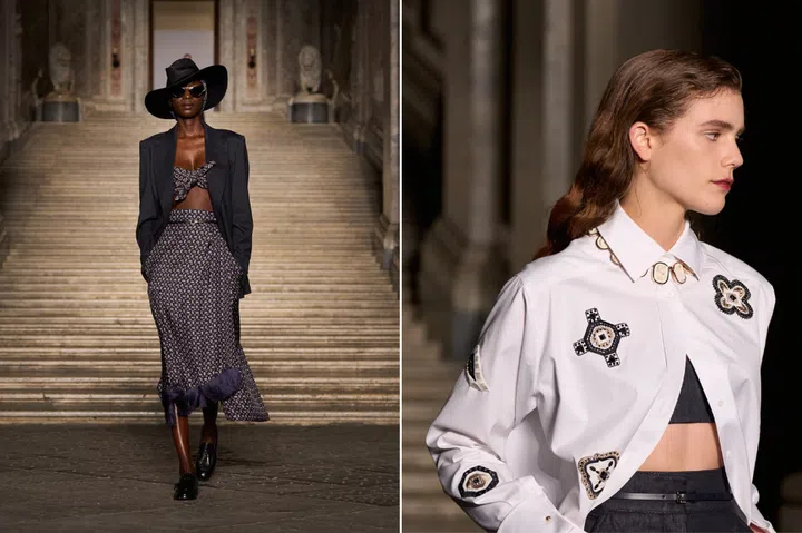 Masculine tailoring meets scarf-print silk, while crisp shirting gets elevated with antique-inspired jewel motifs and a cameo choker fit for a modern-day duchess. Credit: Max Mara