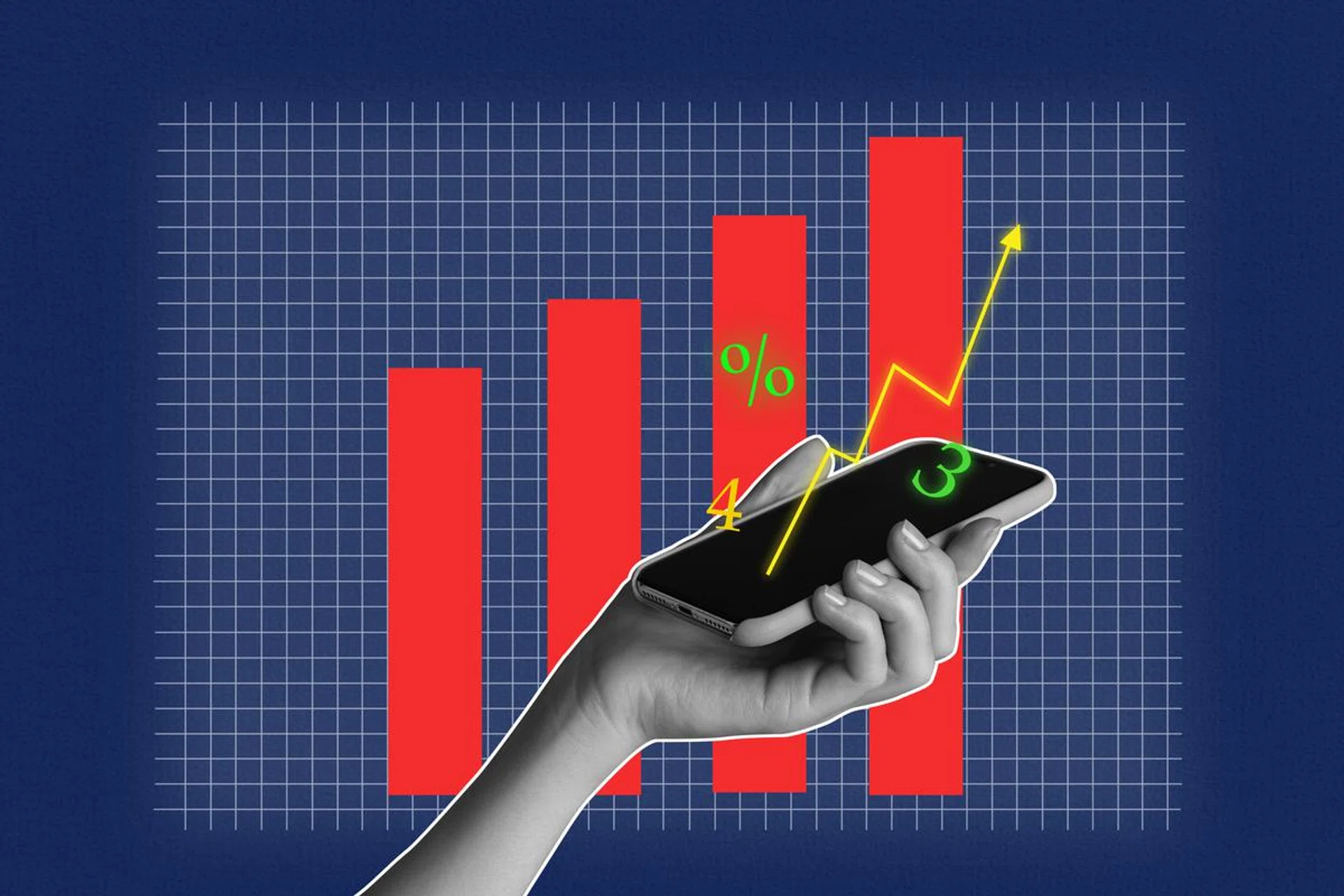 Template sketch trend artwork 3D photo collage of hand hold smartphone trade goal business graphics investment budget growth percent.