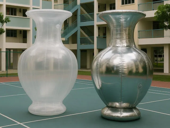 Ang Sookoon’s inflatable vases on a sports court for Exposure/Exposure at Objectifs, Singapore Art Week 2026.