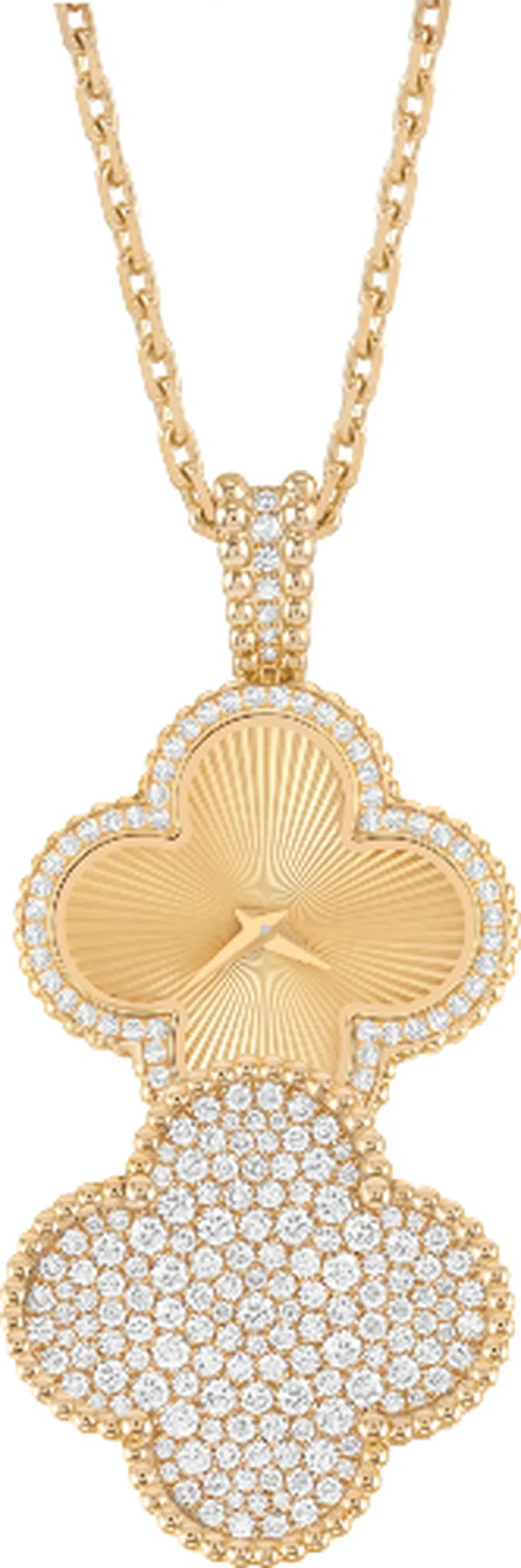 Alhambra secret pendant watch. 28.1 x 28.1 mm yellow gold case, round diamonds; yellow gold bezel, round diamonds; yellow gold guilloché dial; yellow gold chain; quartz movement