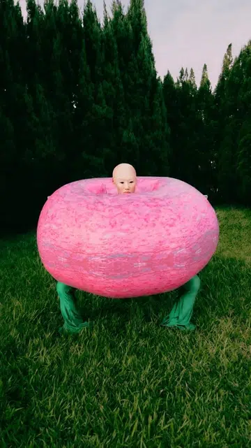 A surreal fashion photograph by Malaysian photographer Weeyang featuring a model in a large pink inflatable ring against a backdrop of pine trees.