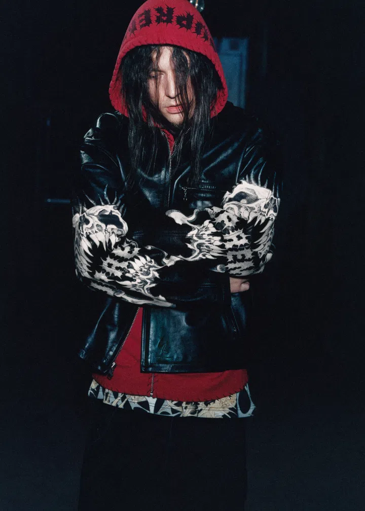 Swedish rapper Bladee wearing the Supreme x Yohji Yamamoto collaboration leather jacket.
