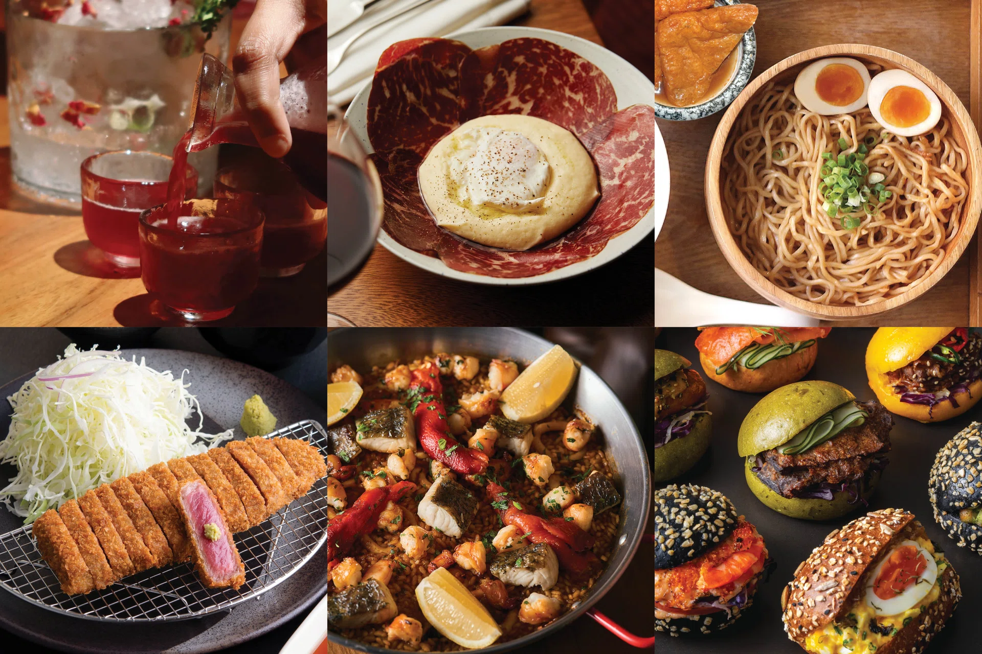 Composite of signature dishes from Spicy Noodle, Movida Spanish restaurant, Alice Boulangerie and Gyukatsu Kyoto Katsugyu at Raffles City 