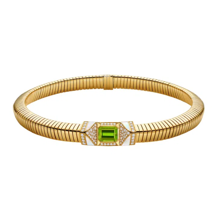 Bvlgari Tubogas 18K yellow gold choker with tourmaline, mother-of-pearl and diamonds, price upon request