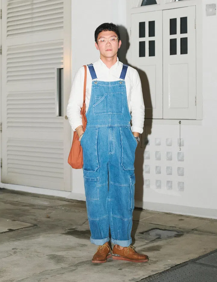 street style singapore design week blue denim overalls