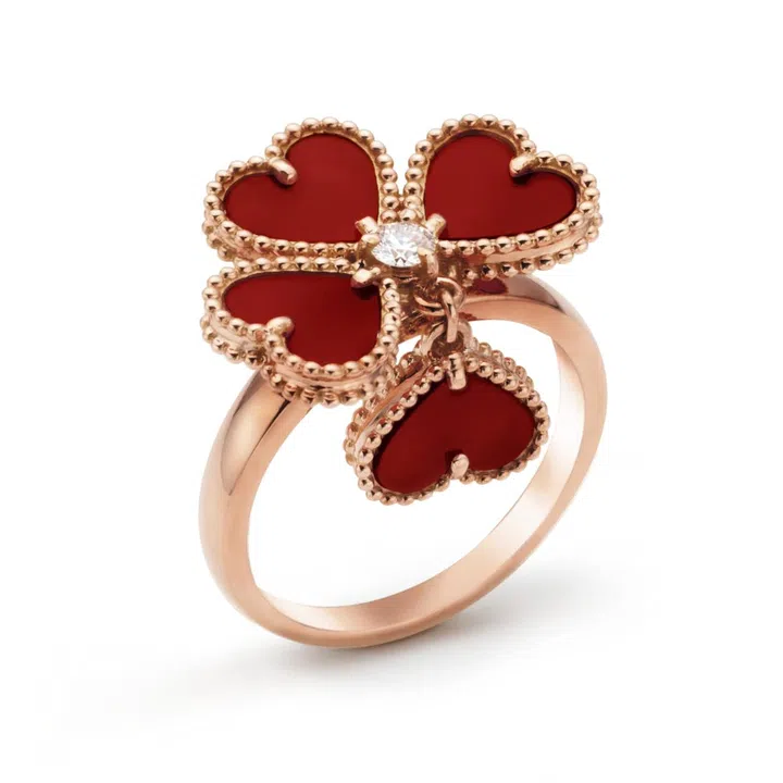 Sweet Hearts 18K rose gold ring with carnelian and diamond, $7,500, Van Cleef & Arpels