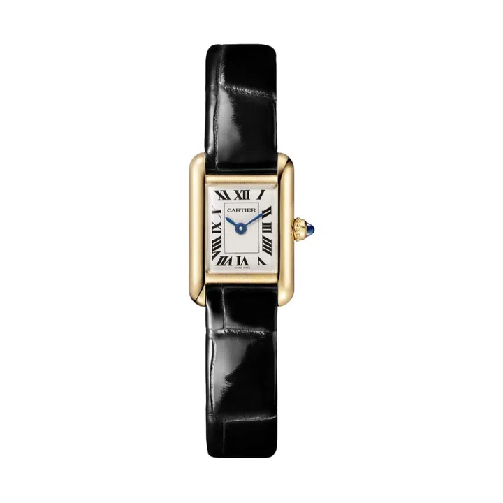 Mini Tank Louis 18K yellow gold watch on alligator strap, $10,100