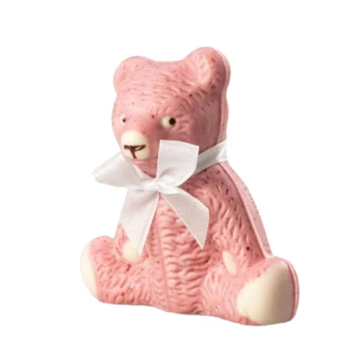 Raspberry white chocolate teddy bear, $32, Laderach