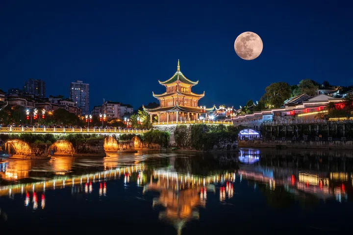 Jiaxiu Tower, a landmark building in Guiyang City, Guizhou Province, China.