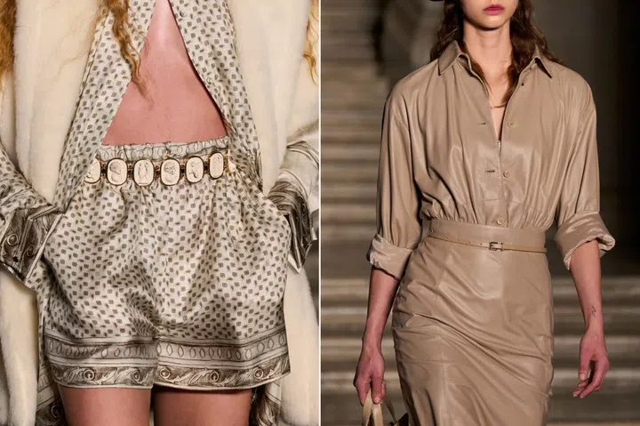 Max Mara makes the ordinary opulent: A cameo-studded belt nods to Roman antiquity, while a classic shirt dress gets the luxe treatment in buttery lambskin lined with matching silk. Credit: Max Mara