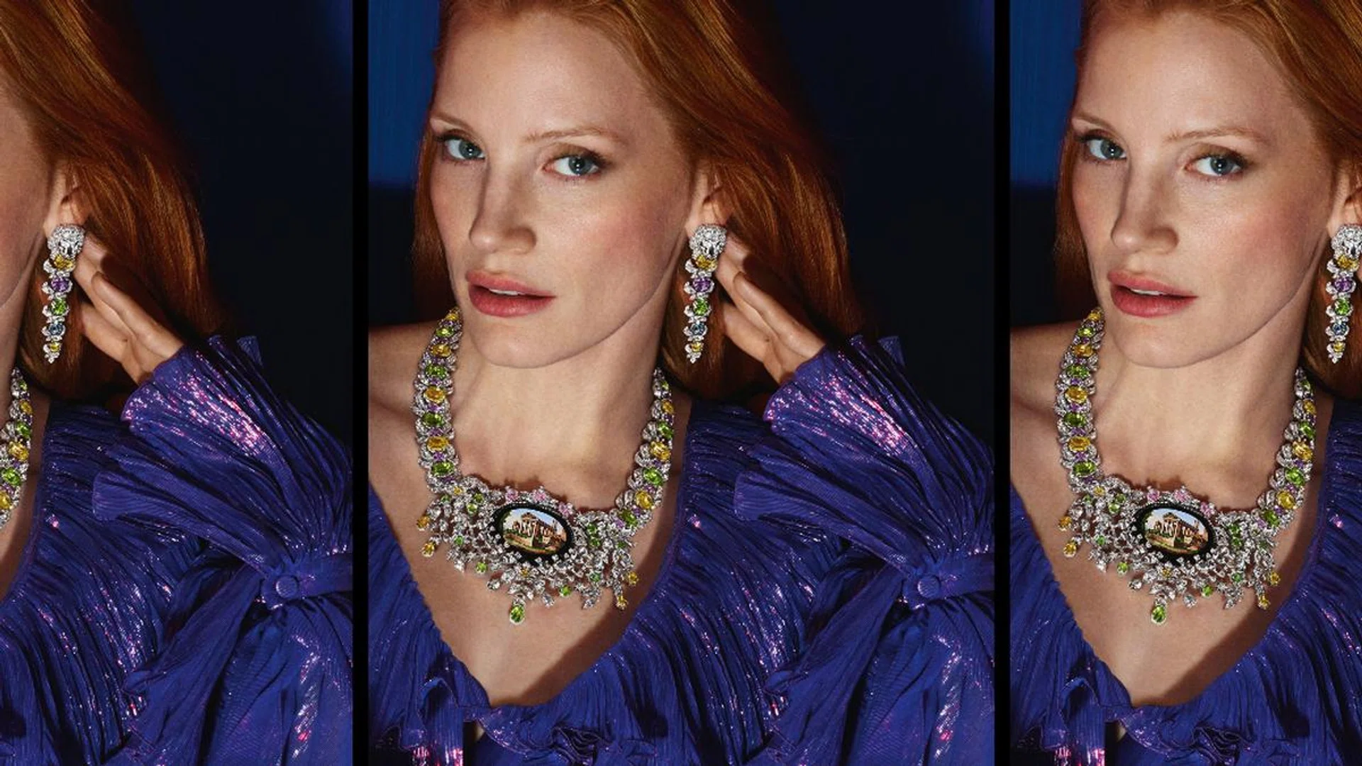 The pendant on this Gucci high jewellery necklace worn by Jessica Chastain features micro-mosaic pieces. Credit: Gucci