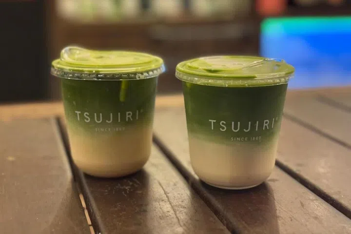Kinako Kuromitsu Latte (left) and Cold Matcha Latte with oat milk from Tsujiri.