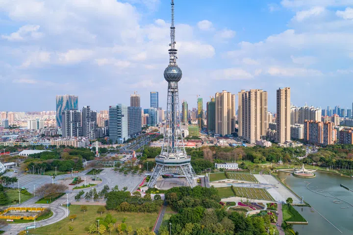 Foshan, China - February 29, 2020: The TV tower in wenhua park is a landmark of foshan.
