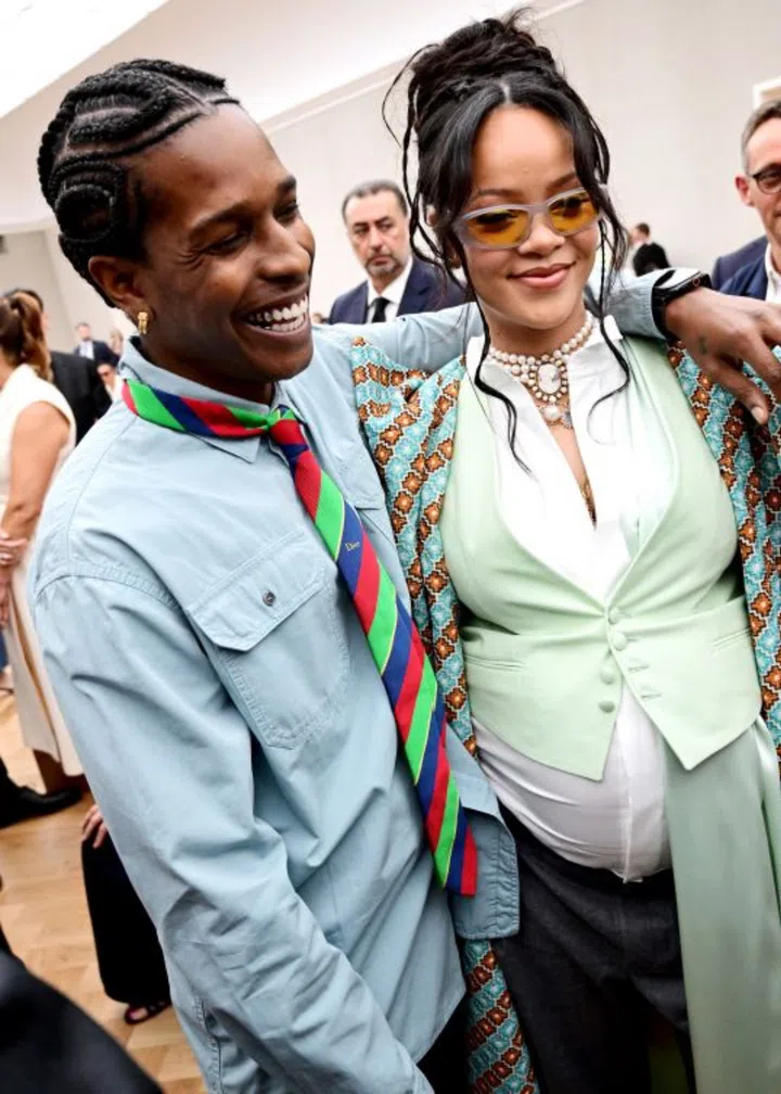 A$AP Rocky at Jonathan Anderson’s Dior Men’s Spring Summer 2026 show wearing tie over button up shirt with Rihanna 