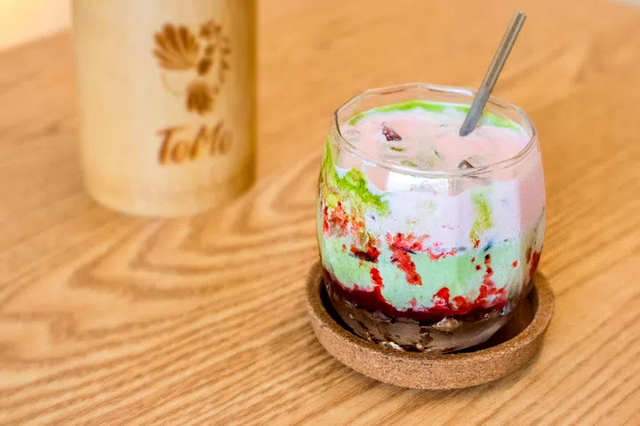 ToMo iced matcha strawberry cloud latte