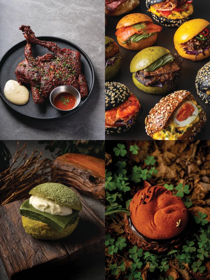 Alice Boulangerie Raffles City Singapore food spread featuring Matcha Nama Bun, savoury buns, wagyu beef tartare with fermented pepper, and squirrel cake.