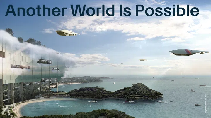 Design2050, a render of East Coast Parkway, Singapore, in the future as imagined by WOHA, poster art for Another World Is Possible exhibition