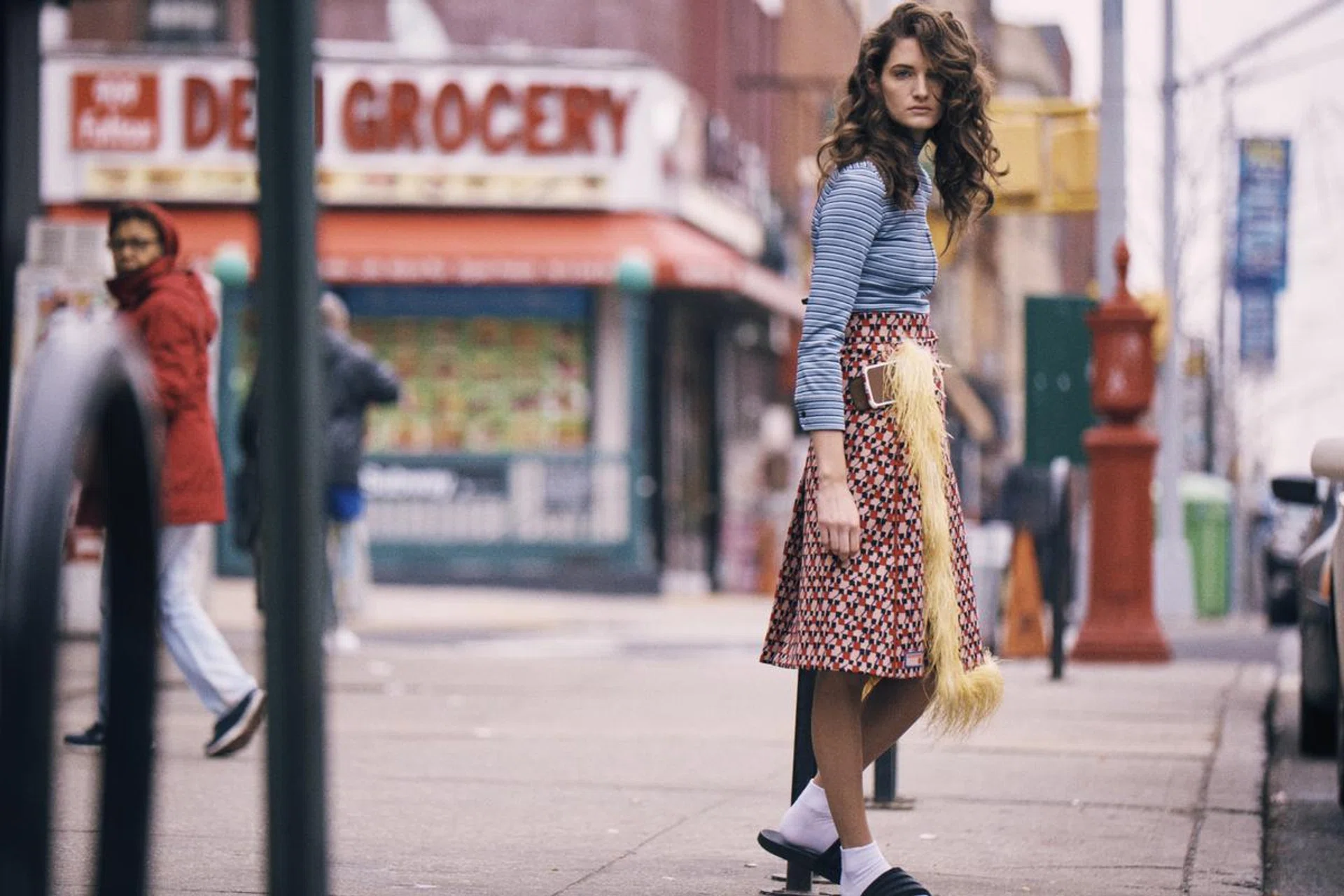 Jersey top and jacquard skirt, Prada. Leather sandals, Adidas. Socks, stylist’s own