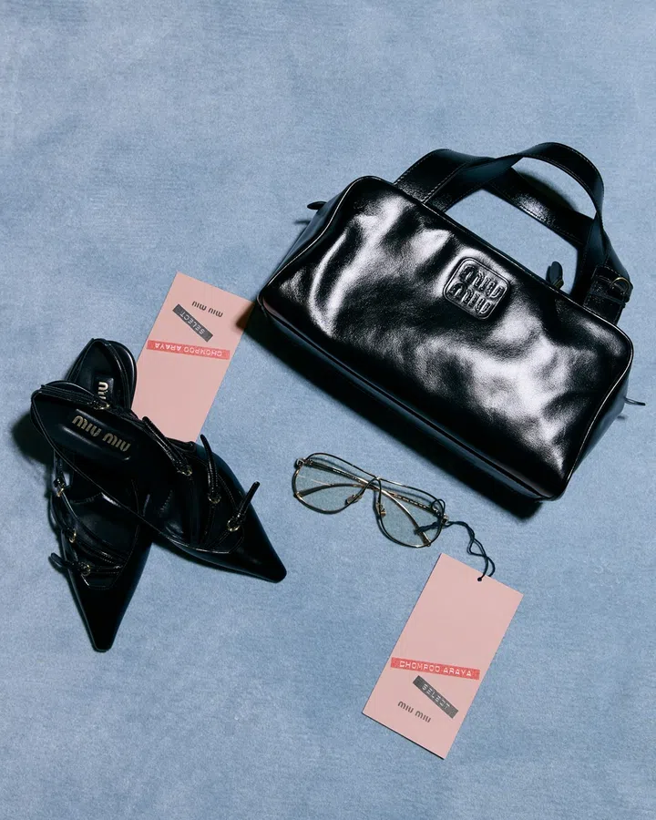 chompoo araya miu miu select patent heels pilot frames glossy leather top-handle bag 