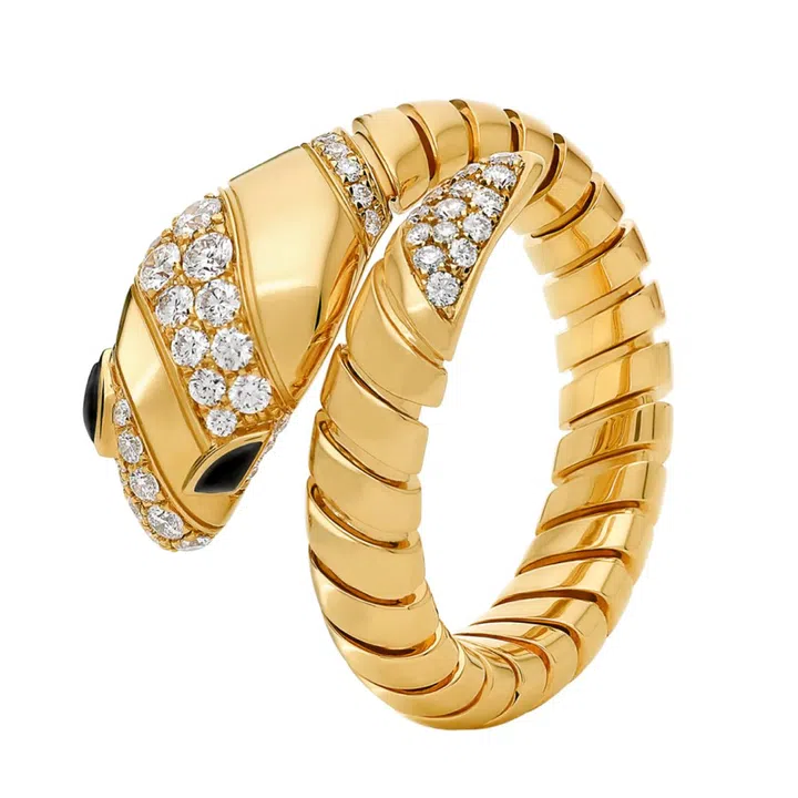 Serpenti 18K yellow gold ring with diamonds and onyx, $13,650
