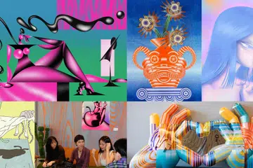 Collage of artworks by Singaporean artist Jaeyyelle, Malaysian artists Shu and Money Wang, and Thai artist Nina Sach displayed at gelato brand Sweet Cheeks Lavender outlet, supported by art company Gofy