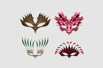 The four masks represent characters that attend a Venetian masquerade.
