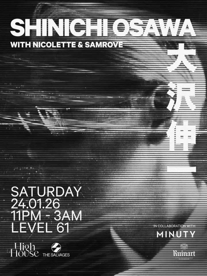 Shinichi Osawa at HighHouse poster, Singapore Art Week 2026. Black and white glitch art portrait.