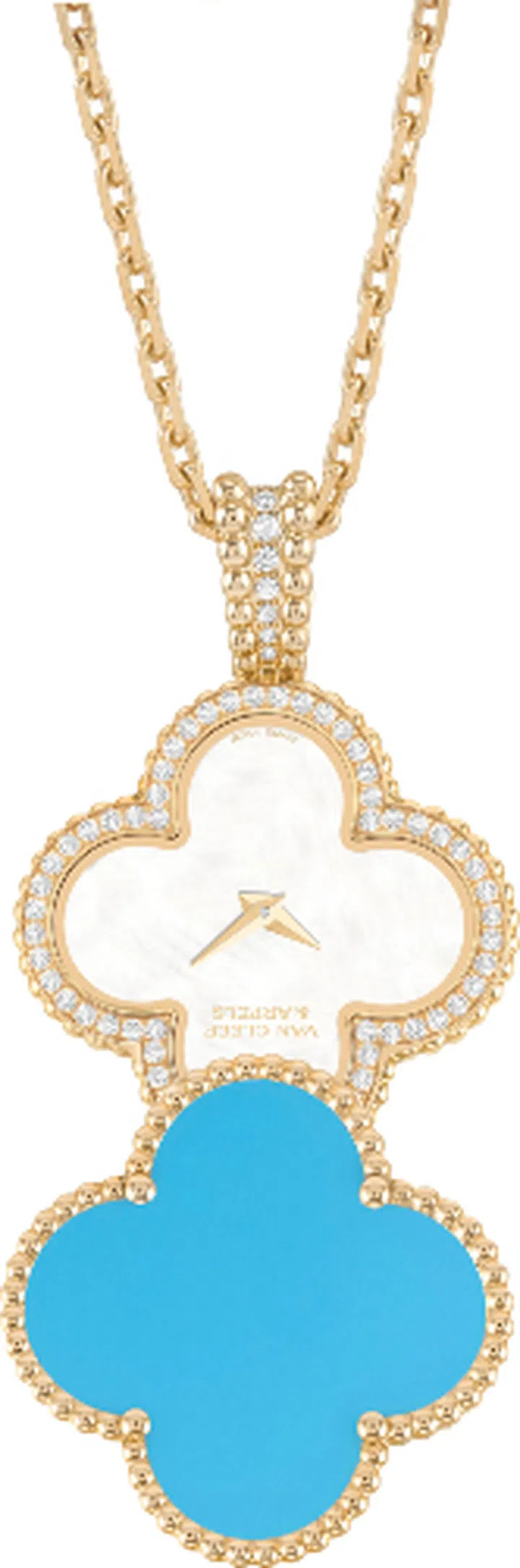 Alhambra secret pendant watch. 28.1 x 28.1 mm yellow gold case, round diamonds, turquoise; yellow gold bezel, round diamonds; white mother-of-pearl dial; yellow gold chain; quartz movement
