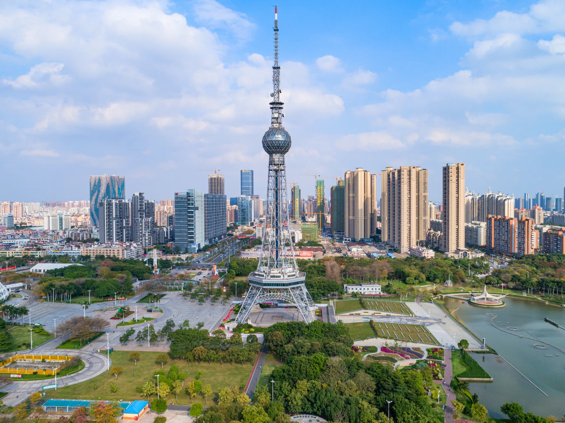 Foshan, China - February 29, 2020: The TV tower in wenhua park is a landmark of foshan.