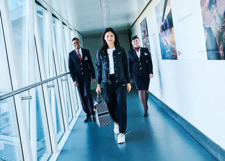 Tennis superstar Emma Raducanu is pictured at Heathrow Airport as she is named as British Airways’ latest global brand ambassador. The airline will fly Emma to tournaments around the world, as she embarks on the next stage of her worldwide tennis career. (Photo by Gareth Cattermole/Getty Images for British Airways)