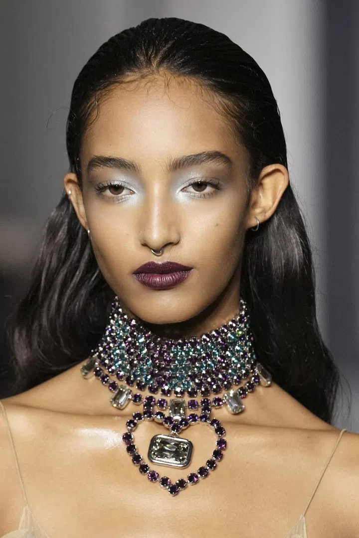 A model’s face, Beauty Close Up, at Lanvin Spring Summer 2022 Men and Women ready to wear Fashion Show on September 2021 in Paris, France