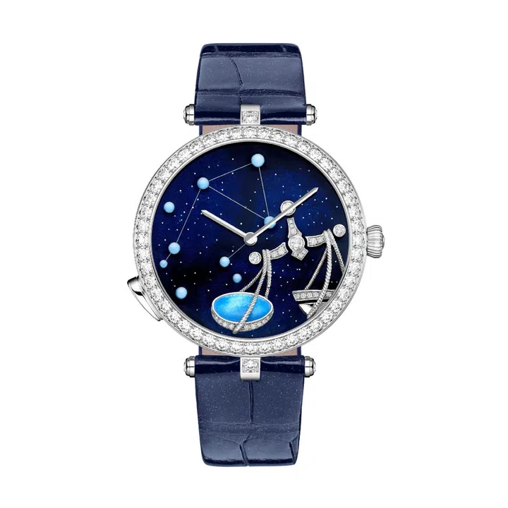 Lady Arpels Zodiaque Lumineux Librae 18K white gold watch with diamonds on alligator skin strap, price upon request, Van Cleef & Arpels