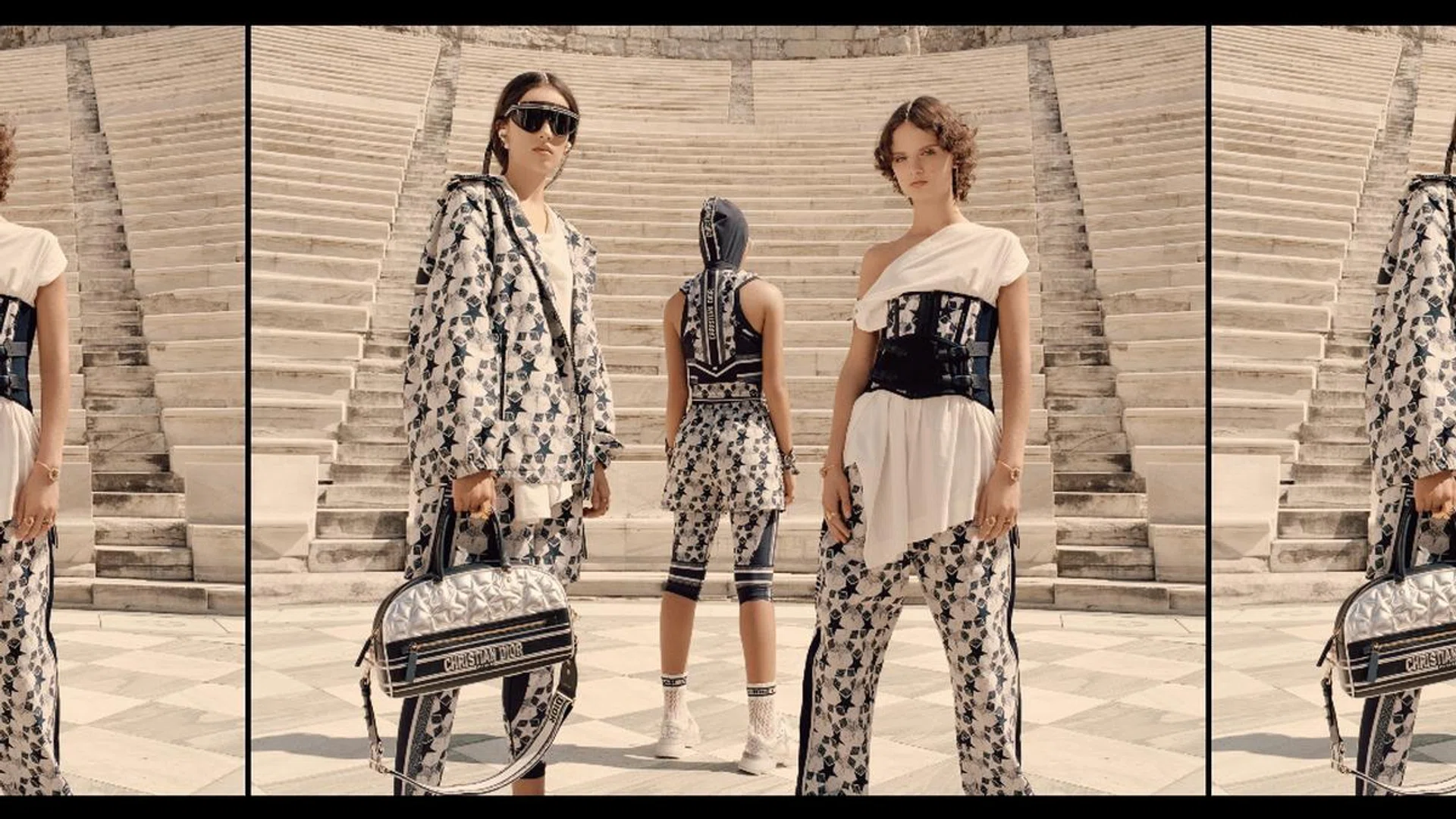 The bags from the Dior Vibe collection combine design codes of leather goods and sneakers. To wit: the weekender style pictured here (there’s also a more casual hobo option) has a rubber base that’s inspired by sneaker soles and is stamped with Christian Dior’s lucky star motif. Other detailsinclude practical rubber zips while the plush leather finish – available quilted, printed or in a solid colour – elevates the sporty shape. Scenography: All rights for the monuments pictured are the property of the Ministry of Culture and Sports (Law 3028/2002). The Monument of Odeon of Herodes Atticus is under the jurisdiction of The Ephorate of Antiquities of Athens – Ministry of Culture and Sports – General Directorate of Antiquities ad Cultural Heritage 