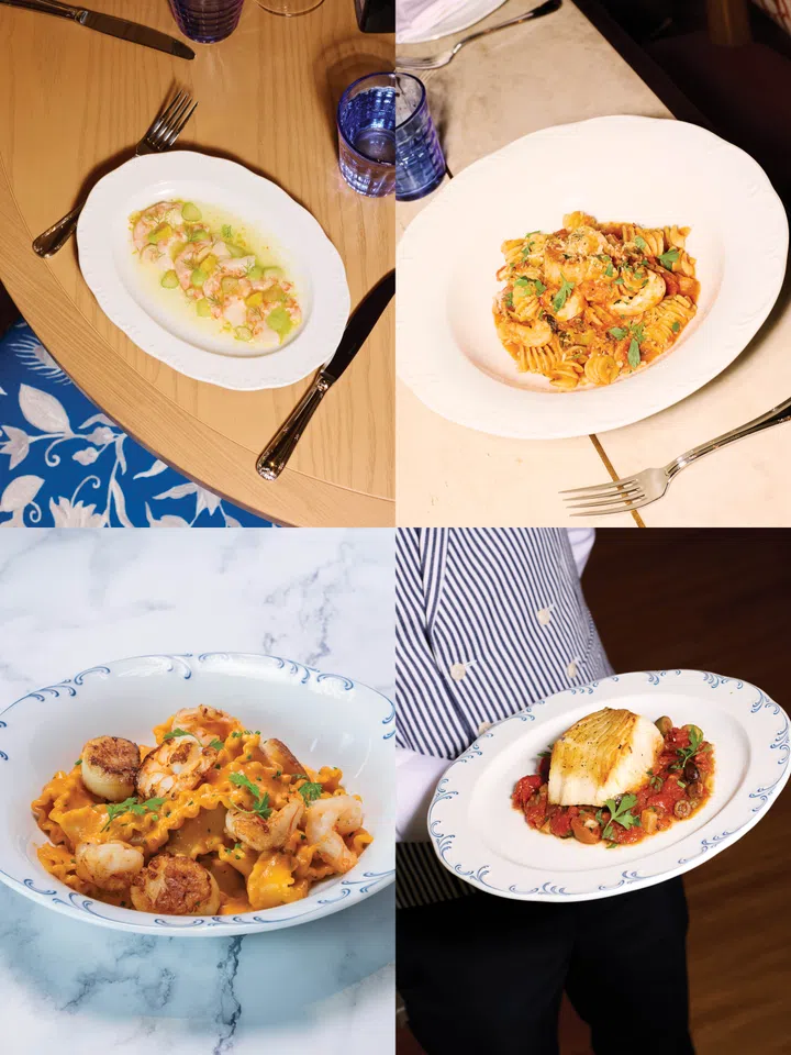 Signature coastal Italian seafood dishes at LAVO Marina Bay Sands, including Red prawn ceviche, Mafaldine Seafood Alfredo, Diavola Seafood Pasta and Chilean seabass puttanesca.