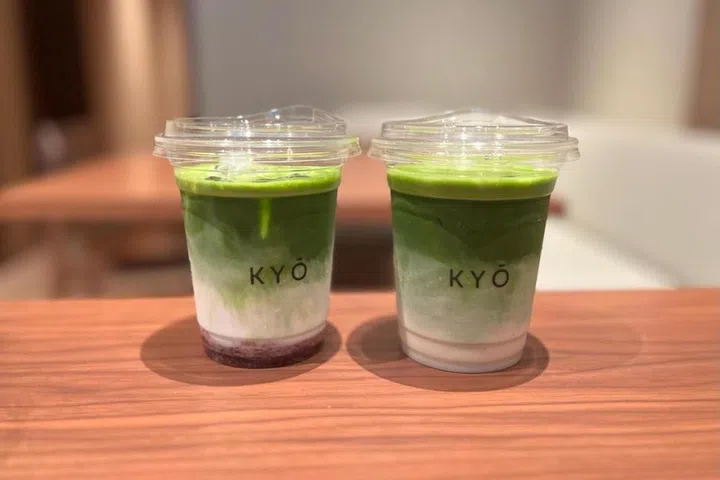 Kyo Kohee’s Iced Ichigo Matcha Latte (left) and Iced Okumidori Matcha Latte with oat milk.