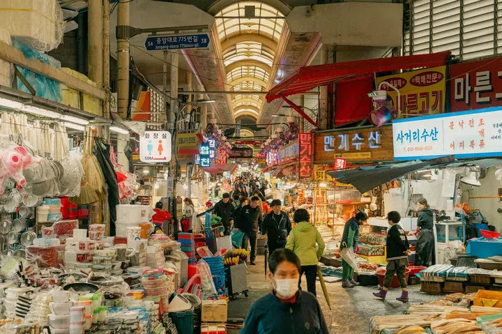 An indoor alley market in Gukje market, located in Sinchang-dong, Jung District, Busan, South Korea