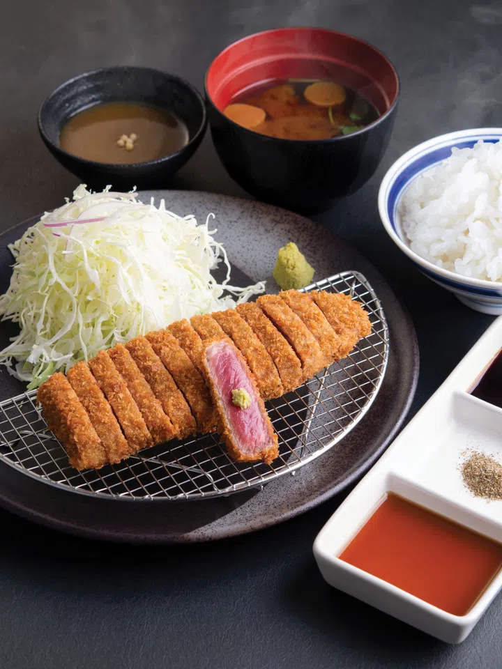 Gyukatsu Kyoto Katsugyu Singapore beef cutlet set meal with rice, miso soup and hotplate at Raffles City restaurant.