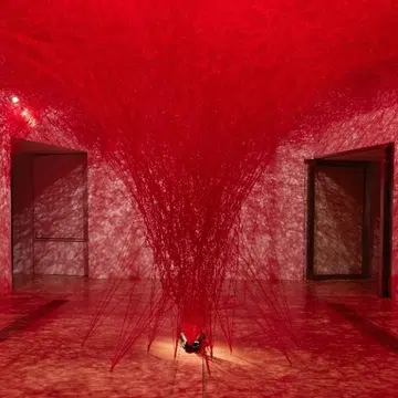 Red thread installation by Japanese artist Chiharu Shiota titled The Network Within at the Flesh and Bones exhibition, ArtScience Museum Singapore.
