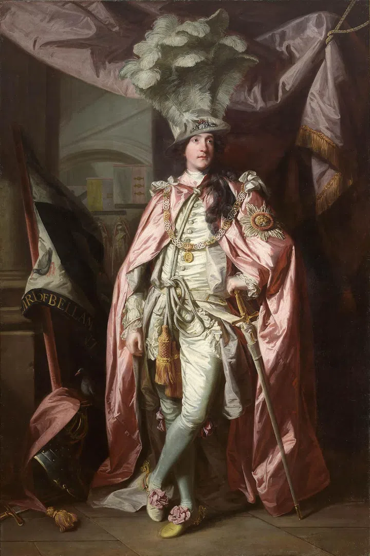 An oil on canvas portrait of Charles Coote, full-length standing wearing pink robe and feathered hat, hand resting on sword in scabbard.